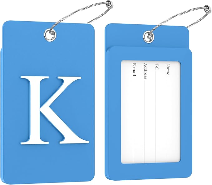 Gostwo 2 Pack Luggage Tags for Suitcases, 26 Initial Letter Travel Luggage Baggage Identification Labels ID Tag Fully Bendable Tags with Stainless Steel Loop (Blue) (Letter K)