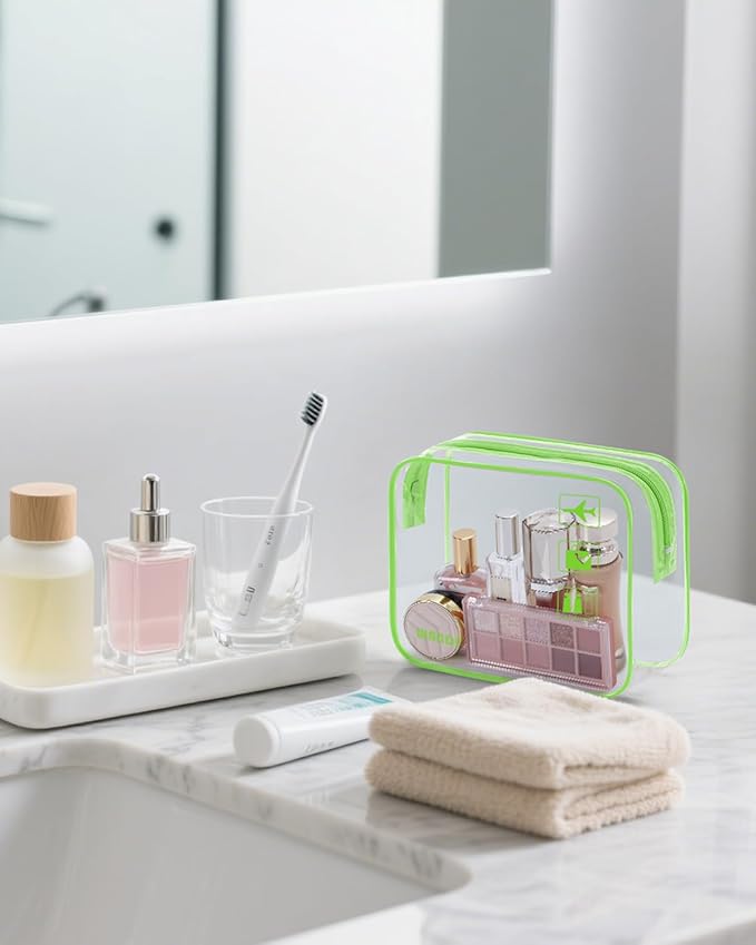 WANDF TSA Approved Toiletry Bag, 2 Packs Travel Clear Toiletry Bag, Quart Size Makeup Cosmetic Pouch with Zipper, Carry-On Airport Compliant Bag for Women and Men (2pcs Green)
