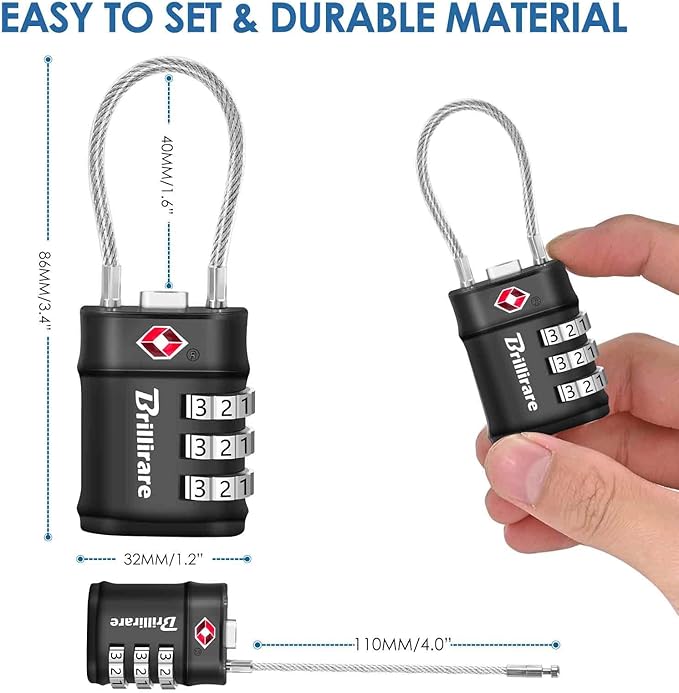 4 Pack TSA Approved Luggage Locks, Combination Travel Cable Lock, 3-Digit Waterproof Padlock, Zinc Alloy Outdoor Keyless Resettable Lock for Travel, Lockers, Bags, Backpack, Gym, Gate-by BRILLIRARE