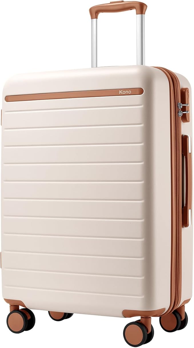 Kono 24 Inch Check In Suitcase Expandable Luggage, Business Travel Suitcase for 5-7 Days, Durable ABS+PC Hardshell with Side Handles & Kick Plates, Double Spinner Silent Wheels, Cream/Brown