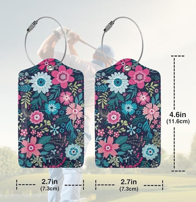 2 Pack Flower Pink Floral Luggage Tags Travel PU Cute Leather Luggage Tag Name ID Labels with Privacy Cover Suitcases Women Men Girls Boys Fun Laggage Tags (Beautiful Flower)