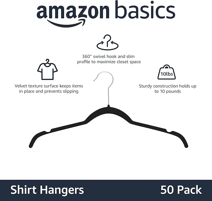 Amazon Basics Space-Saving Slim Velvet Non-Slip Clothes Hangers for Closet Organization, Sturdy with Shoulder Notches, Black, 50-Pack