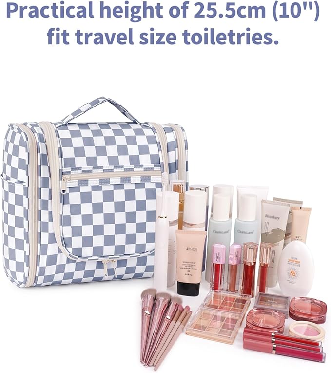 Narwey Checkered Hanging Travel Toiletry Bag for Women, Travel Bag for Toiletries, Makeup Bag Organizer Cosmetic Bags Make Up Bags for Women (Grayish Blue Checkerboard)