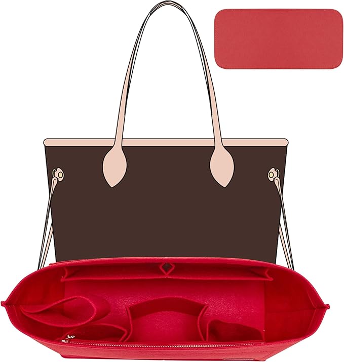 Purse Organizer Insert with Base Shaper,Felt Tote Bag Organizer Insert Compatible with Speedy 30 Neverfull MM and More,Bag Inner Shaper for Luxury Handbags,Red/L