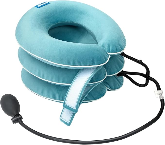 Cervical Neck Traction Device for Neck Pain Relief - Inflatable Neck Stretcher Traction Collar for Neck Decompression - Best Home Use Neck Brace Pump (Blue Plush)
