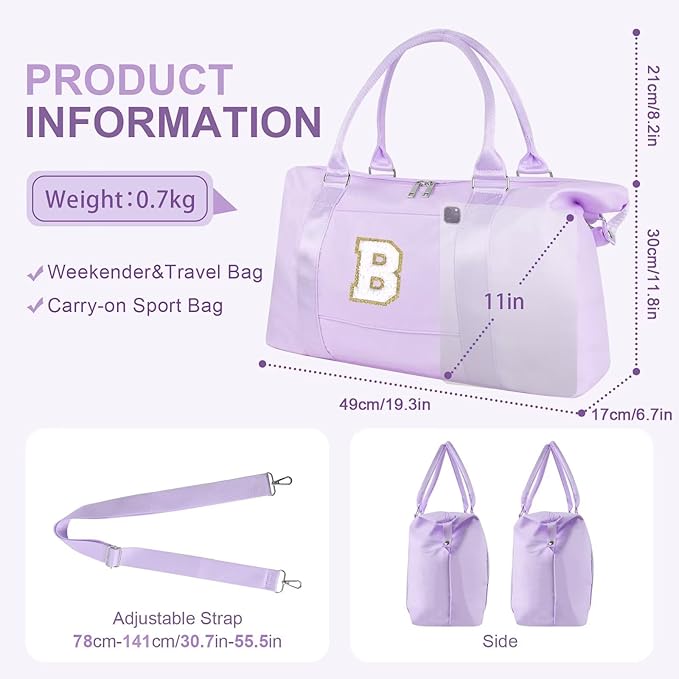 Dance Gym Duffel Bag for Teen Girls, Personalized Initial Travel Weekender Bag,Cute Overnight Carry On Duffle for Women,Sports Travel Cheer Bag,Monogram Christmas Gifts for Tween Preppy(purple-B)