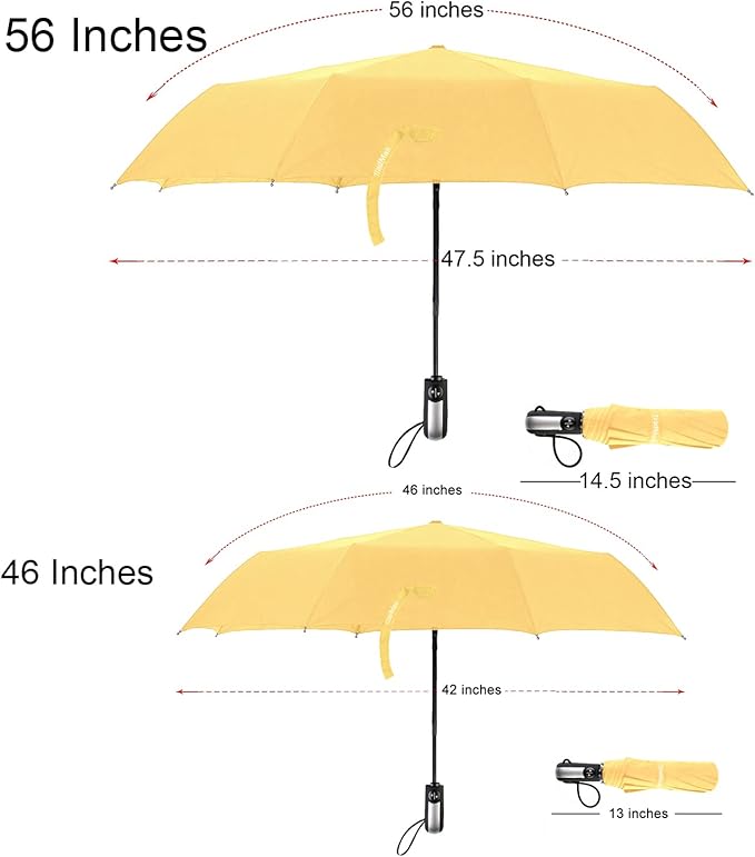 TradMall Travel Umbrella Windproof with 56 Inches Large Canopy 10 Reinforced Fiberglass Ribs Ergonomic Handle Auto Open & Close, Yellow