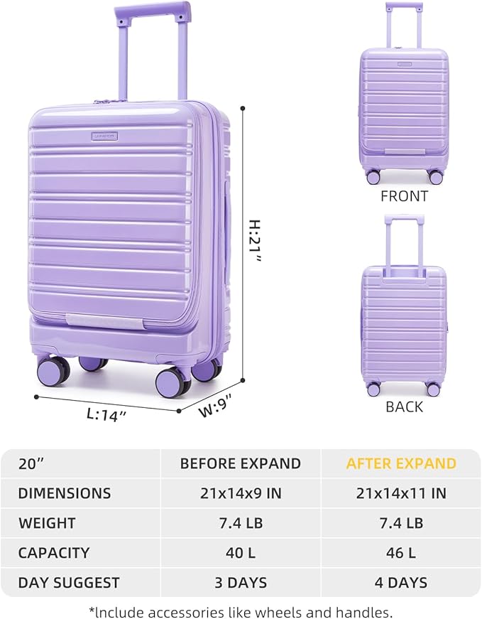 LARVENDER Carry On Luggage 22x14x9 Airline Approved, 20 Inch Expandable PC+ABS Hardside Carry On Luggage with Front Pocket Spinner Wheels TSA Lock for Women Men (Lavender)
