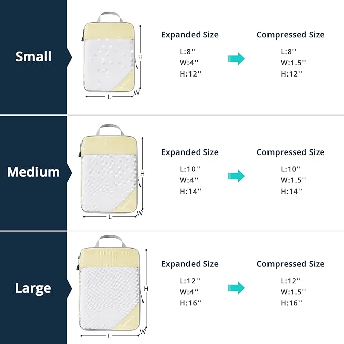Compression Packing Cubes 6 Set, Compressible Space-Saving Packing Cubes for Travel - Compression Bags, Luggage Organizer, Travel Essentials for Women, Light Yellow