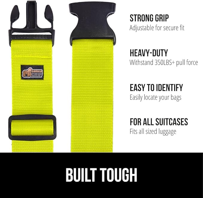 GORILLA GRIP Heavy Duty 4 Pack Adjustable Luggage Straps for Suitcases, Easy to Identify Travel Belt Connector Holds Suitcase Together, Extends Life of Bag, Strap Connects Two Bags, Accessories Yellow