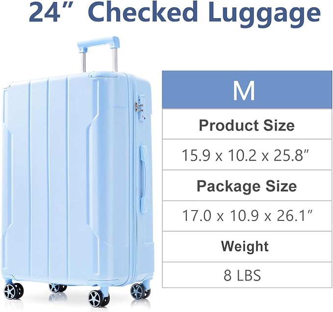 24 Inch Checked-Large Luggage, Lightweight ABS Hard Shell Suitcase with Spinner Wheels, Expandable Travel Luggage with Combination Lock & Side Hooks for Men Women, Sky Blue