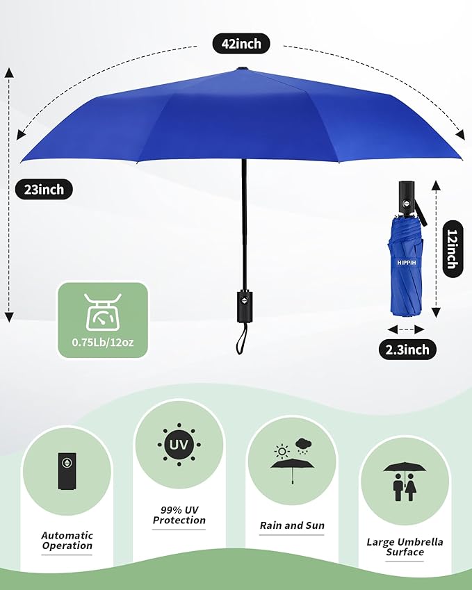 HIPPIH Compact Travel Umbrella for Rain - Windproof Automatic Umbrellas, UV Umbrella for Sun Protection with Black Anti-UV Coating, Portable Small Umbrellas for Backpack, Car, Walking, Kids, Women