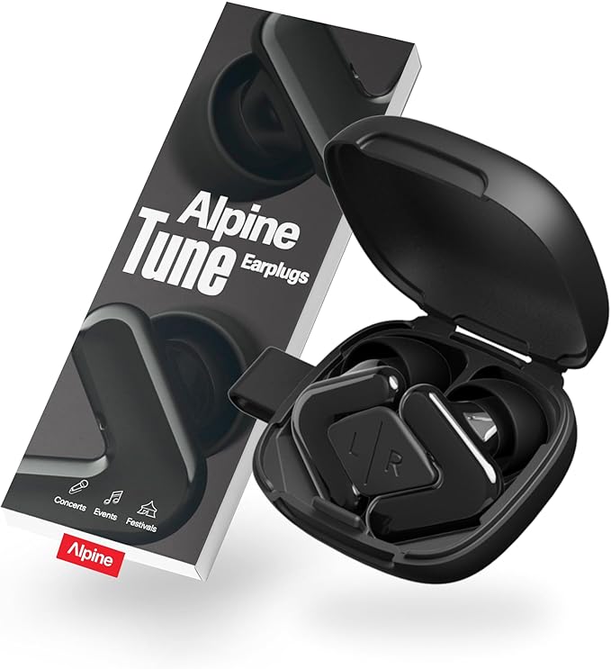 Alpine Tune Earplugs, Concert Ear Plugs for Noise Reduction, High Fidelity Music Quality, 19dB Hearing Protection with Crystal Clear Sound, Incl. 4 Sizes, for Parties, Raves, Festivals & Clubs, Black
