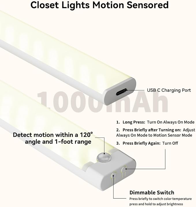 12-in Under Cabinet Lighting Rechargeable with Charge Station, 3 Pack | Motion Sensor Light Indoor, 3 Color Dimmable Closet Light, USB Led Stick on Under Counter Lights for Kitchen Pantry