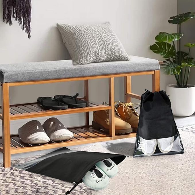 6 Pcs Travel Shoe Bags, ULIFEMALL Large Non-Woven Drawstring Shoes Storage Bag with Transparent Slot Clear Window Portable Waterproof Dustproof Shoes Pouch Packing Organizer for Men Women, Black