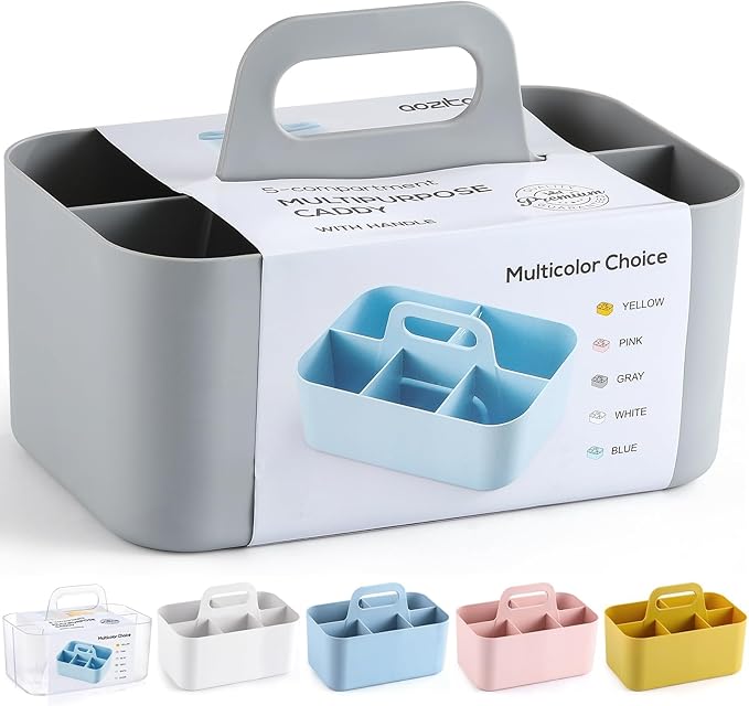 Multiuse Caddy Organizer with Handle, Portable Divided Plastic Tote Bin - Art Craft, Stationary Pen Marker Crayons, Makeup Hair Supplies Storage - Bathroom, Classroom, Dorm, Office, Desk Holder - Grey