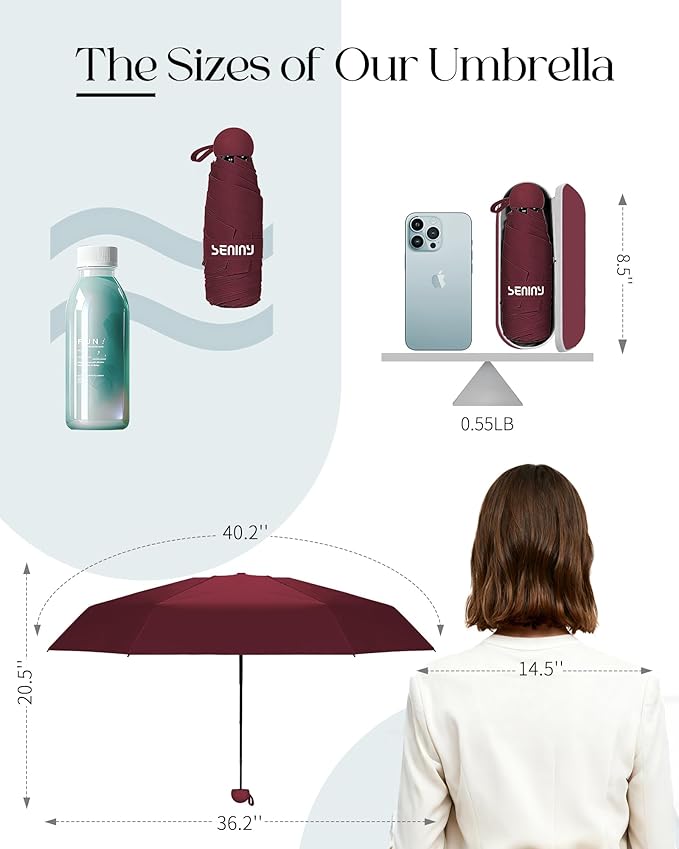 Seniny Mini Portable Travel Umbrella with Case - Compact Umbrellas for Rain & Sun UV Protection for Backpack Pocket, Lightweight Folding Small Umbrella, Tiny Purse Size UV Blocker for Kids Women Girls
