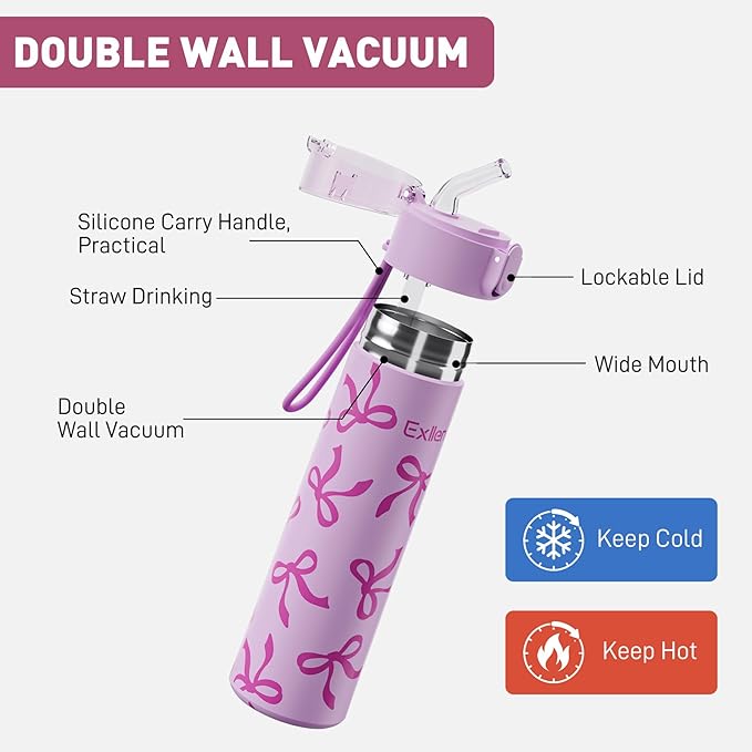 9oz Small Water Bottles with Straw, Mini Water Bottle with One-Hand Open Design, Leak-Proof Locking Lid for Hot&Cold Drinks, Small Travel Water Bottle - 100% Leakproof for School, Travel...(Bow)