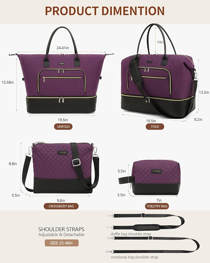 Duffle Bag for Women Travel, Weekender Bag Overnight Bag with Shoe Compartment, Carry on Bag with Crossbody Purse for Over Night, Weekend, Yoga, Gym, Business Trips, Hospital, Purple Black