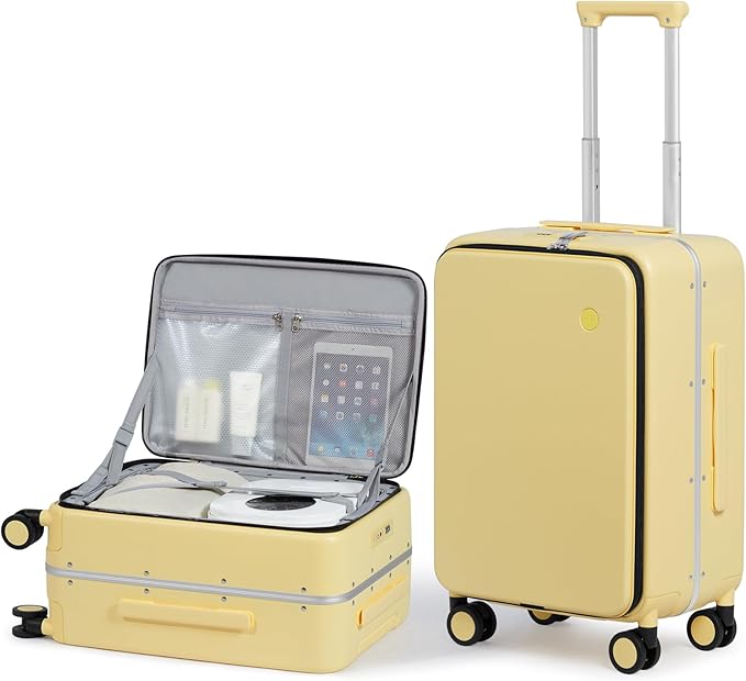mixi 20 Inch Carry On Luggage 22x14x9 Airline Approved PC Hard Shell Suitcase Top Opening Aluminum Frame Travel Suitcases with Wheels, Lark Yellow