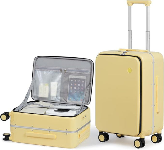mixi 20 Inch Carry On Luggage 22x14x9 Airline Approved PC Hard Shell Suitcase Top Opening Aluminum Frame Travel Suitcases with Wheels, Lark Yellow