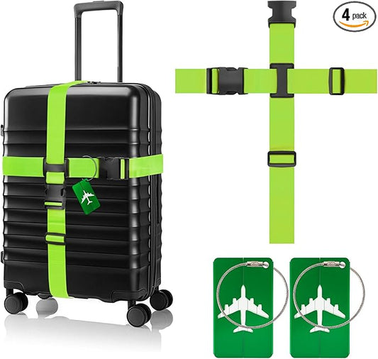 BILIONE Cross Luggage Straps and Luggage Tags Set, Cross Luggage Straps and 2 Tags Set, Heavy Duty Suitcase Belts Adjustable Travel Accessories for 20-32 Inch Luggage (Green)