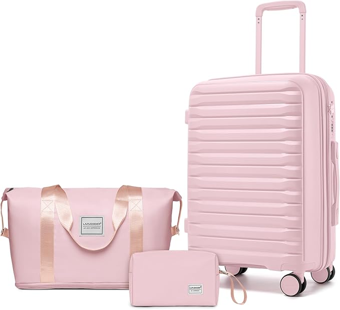 LARVENDER Luggage Sets 3 Piece, Expandable Hardside PP Carry On Luggage Suitcase with 360° Spinner Wheels TSA Lock Suitcase Set for Women Men, Light Pink