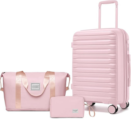 LARVENDER Luggage Sets 3 Piece, Expandable Hardside PP Carry On Luggage Suitcase with 360° Spinner Wheels TSA Lock Suitcase Set for Women Men, Light Pink