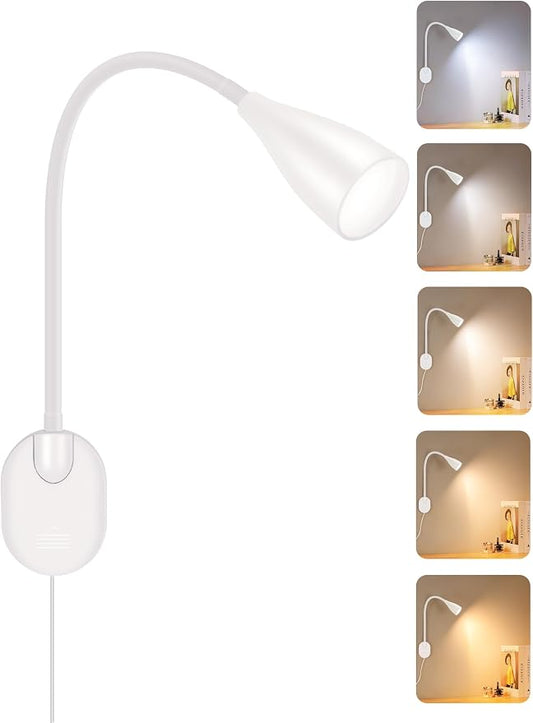 LED Wall Mounted Reading Light, 5 Color Modes 10 Brightness Dimmable White | USB Charging Port, Adhesive Wall Lamp Night Light for Books in Bed, 360° Flexible Eye-Caring Bedroom Bedside Lighting
