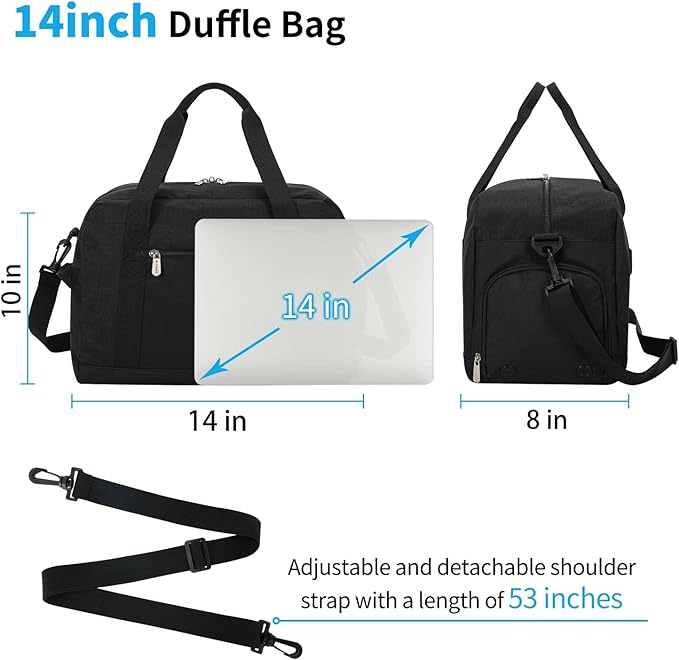 Small Gym Bag 14 inch lightweight Carry On Mini Duffel Bag with Shoe Compartment for Travel Sport - Black