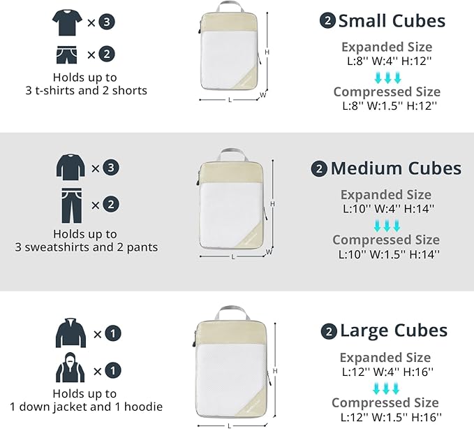 Compression Packing Cubes 8 Set, Compressible Space-Saving Packing Cubes for Travel - Compression Bags, Luggage Organizer, Travel Essentials for Women, Beige