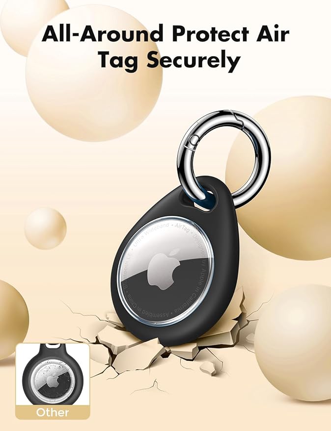 UNBREAKcable Holder for Apple AirTag [Fit Tightly Design] [Easy to Install] [Hold Air Tag Securely] Waterproof TPU Shell Case with All Metal Keychain Key Ring Clip, 4 Pack, Black