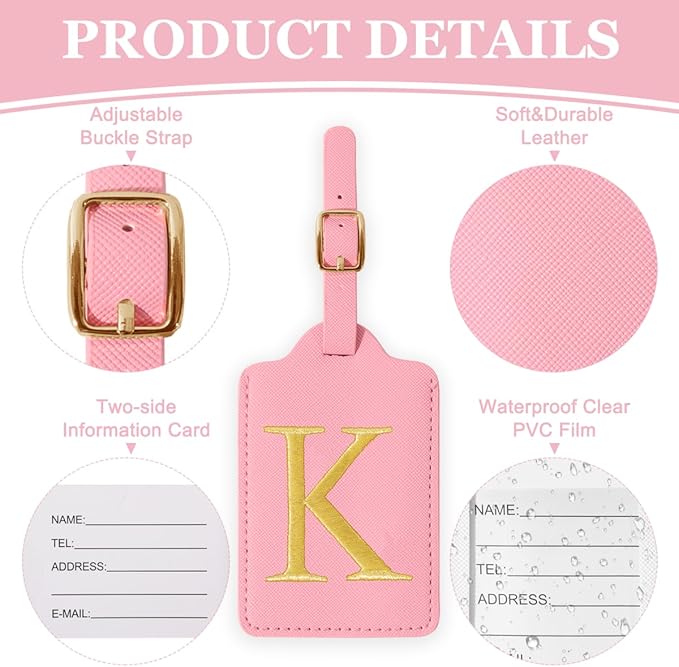 Personalized Initial Luggage Tags for Suitcases,Leather Letter Cute Luggage Tags with Privacy Name Card,Embroidered Monogrammed Travel Bag Backpack Tag Gifts for Women Kids Girls Teens(Pink-K)