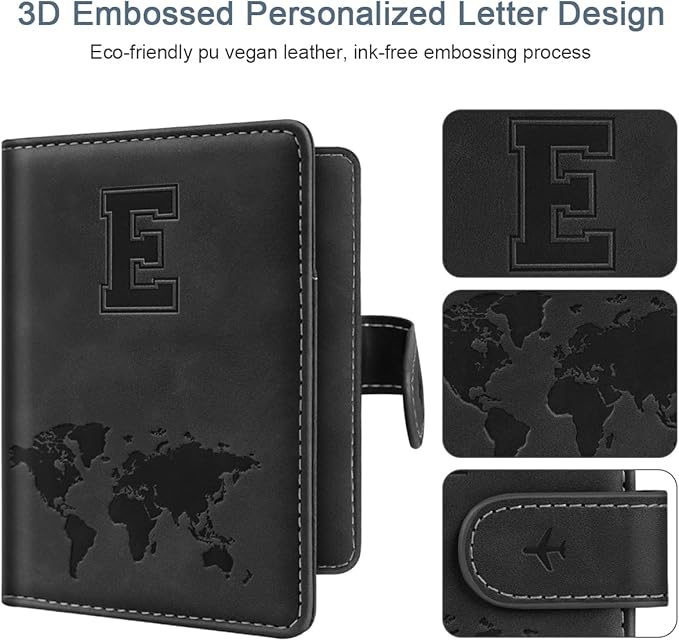 Passport Holder Wallet Cover Personalized Letter A-Z Travel Wallet RFID Blocking Passport Cover Wallet Case for Travel Passport Book Holders for Women and Men, Black-E