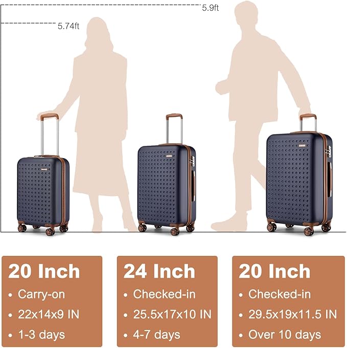 Kono 24 Inch Luggage Medium checked Lightweight Hardside Suitcase with Spinner Wheels & Built-in TSA Lock, Navy