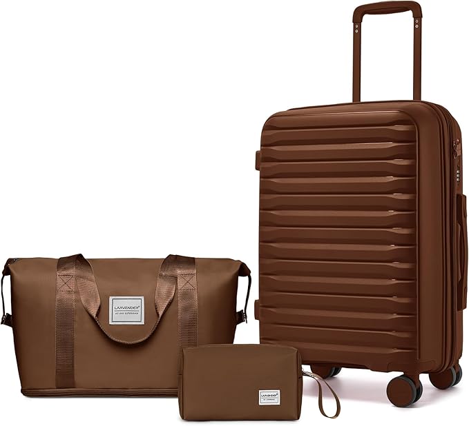 LARVENDER Luggage Sets 3 Piece, Expandable Hardside PP Carry On Luggage Suitcase with 360° Spinner Wheels TSA Lock Suitcase Set for Women Men, Maple