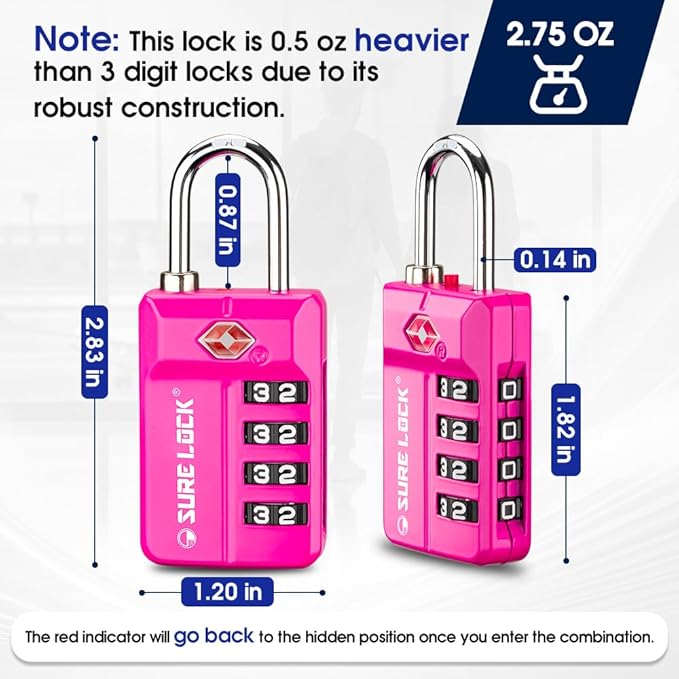 SURE LOCK TSA Approved 4-Digit Resettable Combination Luggage Locks with Open Alert, Easy-Read Dials - for Luggage, School Lockers, Gym, Office, Toolbox & Security Cases(4 Assorted Colors)
