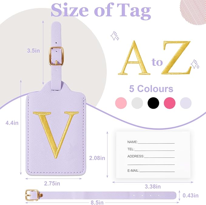 Personalized Initial Luggage Tags for Suitcases,Leather Letter Cute Luggage Tags with Privacy Name Card,Embroidered Monogrammed Travel Bag Backpack Tag Gifts for Women Kids Girls Teens(Purple-V)