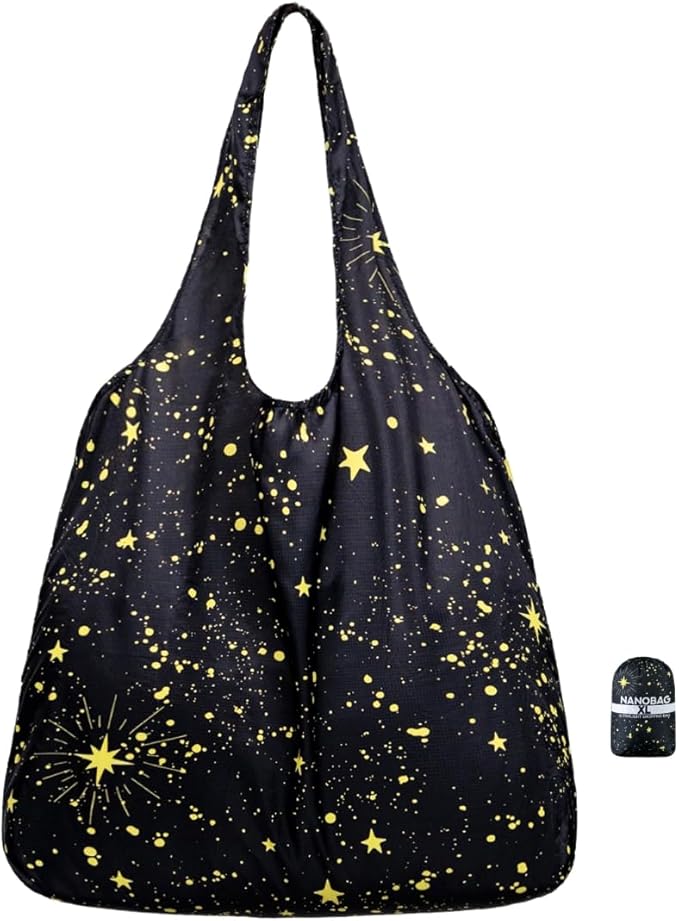 Nanobag Ultralight Heavy Duty Foldable Tote for Women & Men, Reusable Grocery & Travel Bag, Packable Collapsible Compact Market Essential (XL Stars)