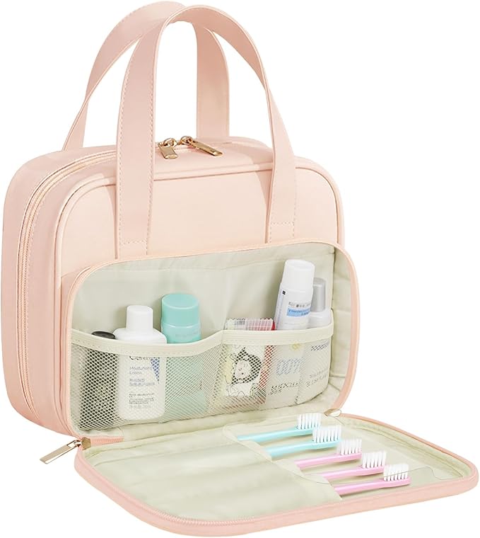 Travel Toiletry Bag, Water-resistant PU Leather Makeup Bag with Multiple Compartments, Large Capacity Makeup Organizer Bag with Handle for Accessories, Essentials, Toiletries, Pink