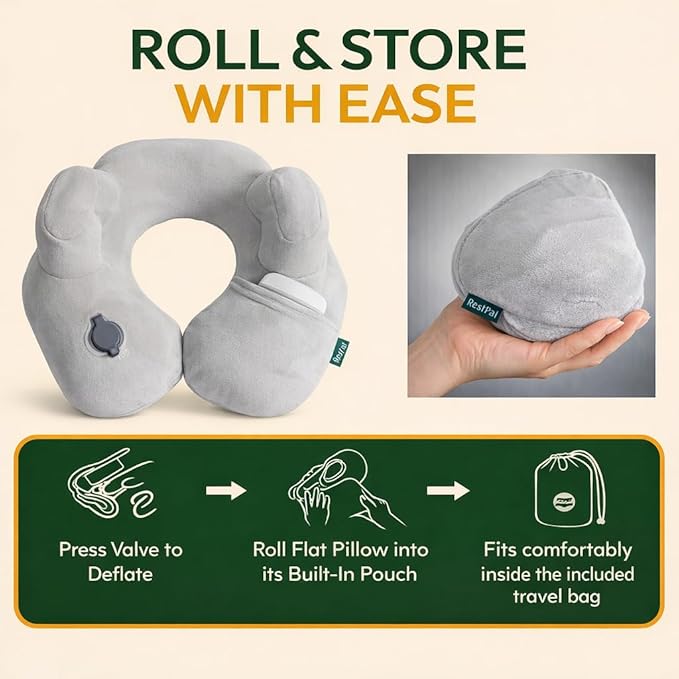 Inflatable Travel Neck Pillow with Adjustable Memory Foam Sides | Lightweight, Soft & Portable Support (Light Gray, Standard)