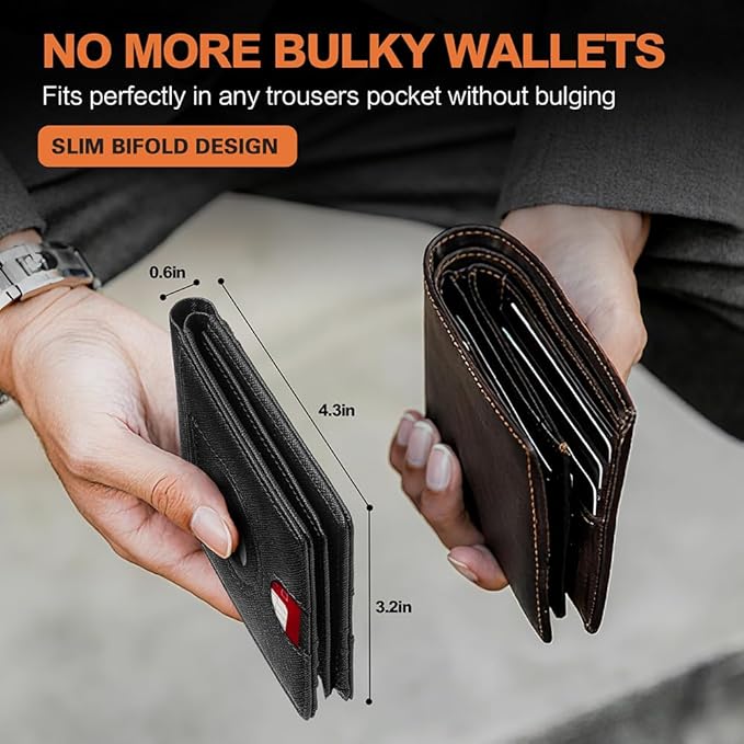 Wallet for Men Slim RFID Blocking Bifold,Minimalist Wallet Small Compact Front Pocket Credit Card Holder,Thin Mens Leather Wallets Smart Security With 2 ID Windows 1 Cash,Birthday Gifts for Men