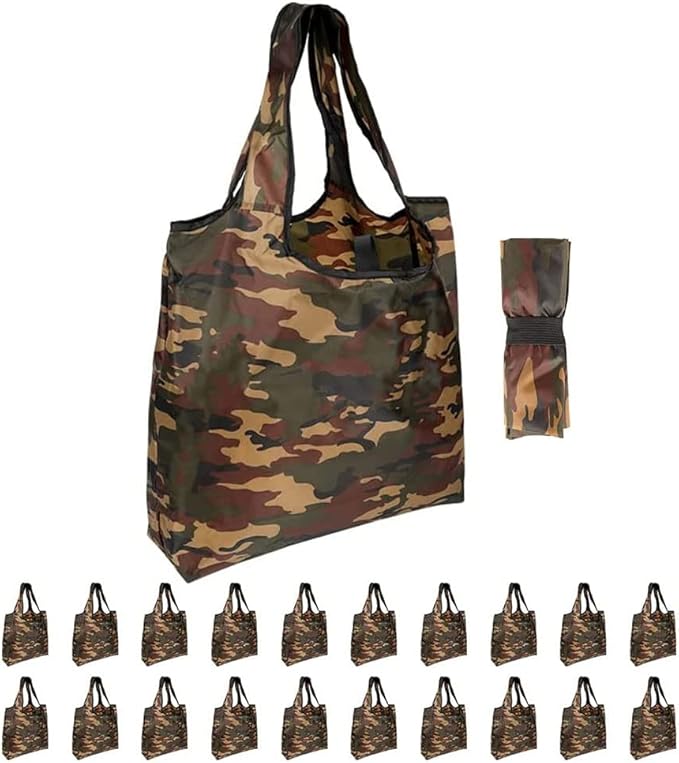 Aricsen 20 Pack 15x4.5x15 Inch Camo Reusable Shopping Bags with Handles Bulk, Foldable Grocery Bags, Machine Washable Durable Nylon Tote Bags, Polyester Fabric Cloth