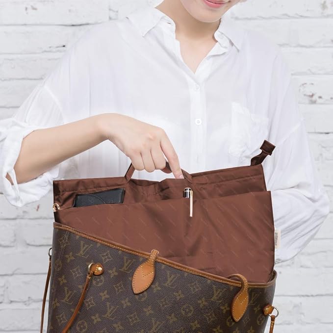 iN. Purse Organizer Insert with zipper, Nylon fabric Storage Bag with handles, for womens Handbags & Tote bags, neverfull, lightweight medium sized Brown