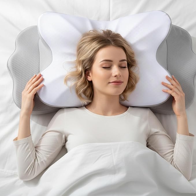 Talc-Free Cervical Memory Foam Pillow for Neck and Shoulder, Butterfly-Shaped Ergonomic Breathable Pillow for Side Back Stomach Sleepers with Pillowcase, Skin-Friendly Fabric