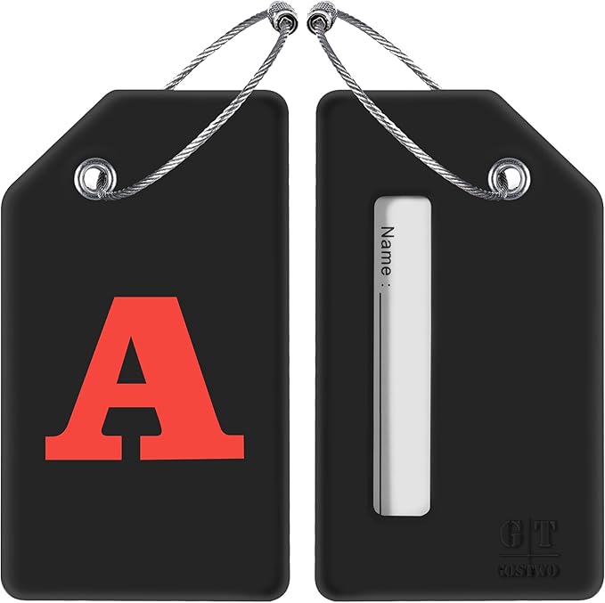 Gostwo 2 Pack Silicone Luggage Tags for Suitcases, 26 Initial Letter Baggage Labels Handbag School Bag Suitcase Instrument Tag with Stainless Steel Loop(Black)(Letter A)