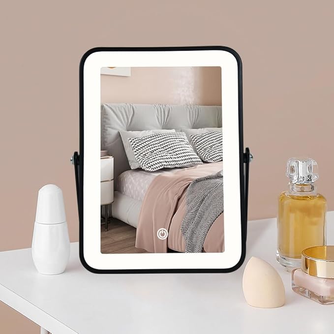 YEKKOPT Rechargeable Makeup Vanity Mirror with Lights, Small Desk Makeup Mirror with Lights, 3 Lighting Modes, Dimmable Touch Screen, Tabletop Light up Mirror