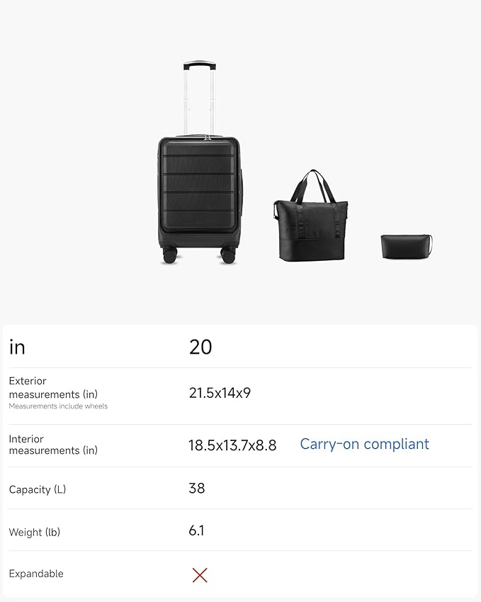 Carry On Luggage 22x14x9 Airline Approved, 20" Hardside Suitcase with Front Pocket for Laptop, Lightweight Spinner Luggage with TSA Lock & Matching Tote Bag (3 Piece Sets, White)
