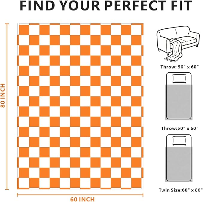 Orange Checkered Blanket, Soft Cozy Fleece Checkered Throw Blankets for Bed Sofa Couch Camping, Ultra Fluffy Throws for All Seasons, 60x80 Inch, Orange