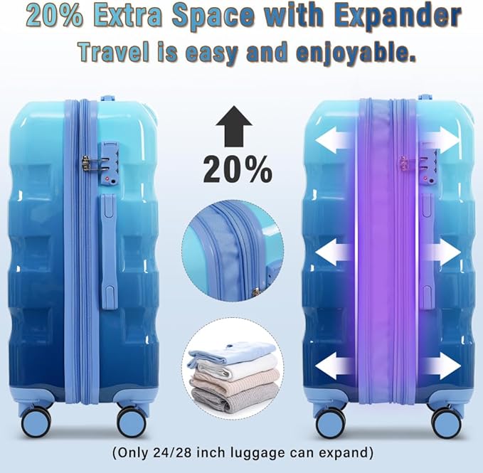 Lispin Luggage Set Softshell Expandable 4 Piece Suitcase with Wheels Softside Lightweight Travel Carry on Luggage (Blue 20"/24"/28")